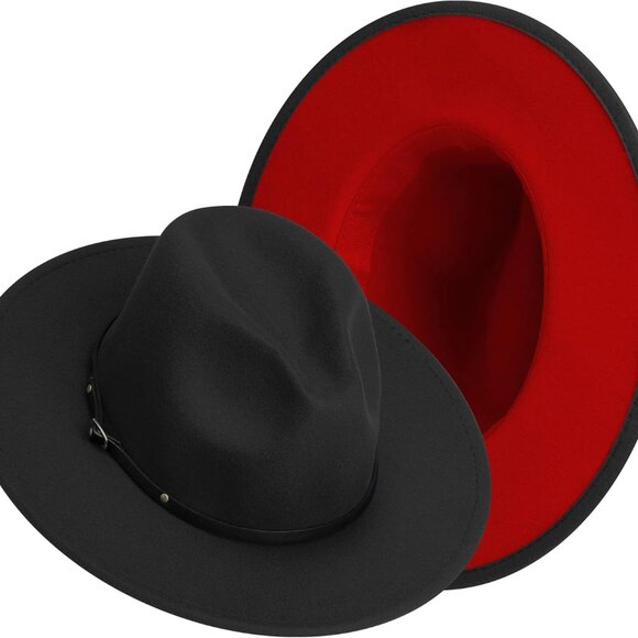 Wide Brim Fedora Hats for Women Mens Felt Fedora Hats with Belt Buckle - Picture 1 of 7